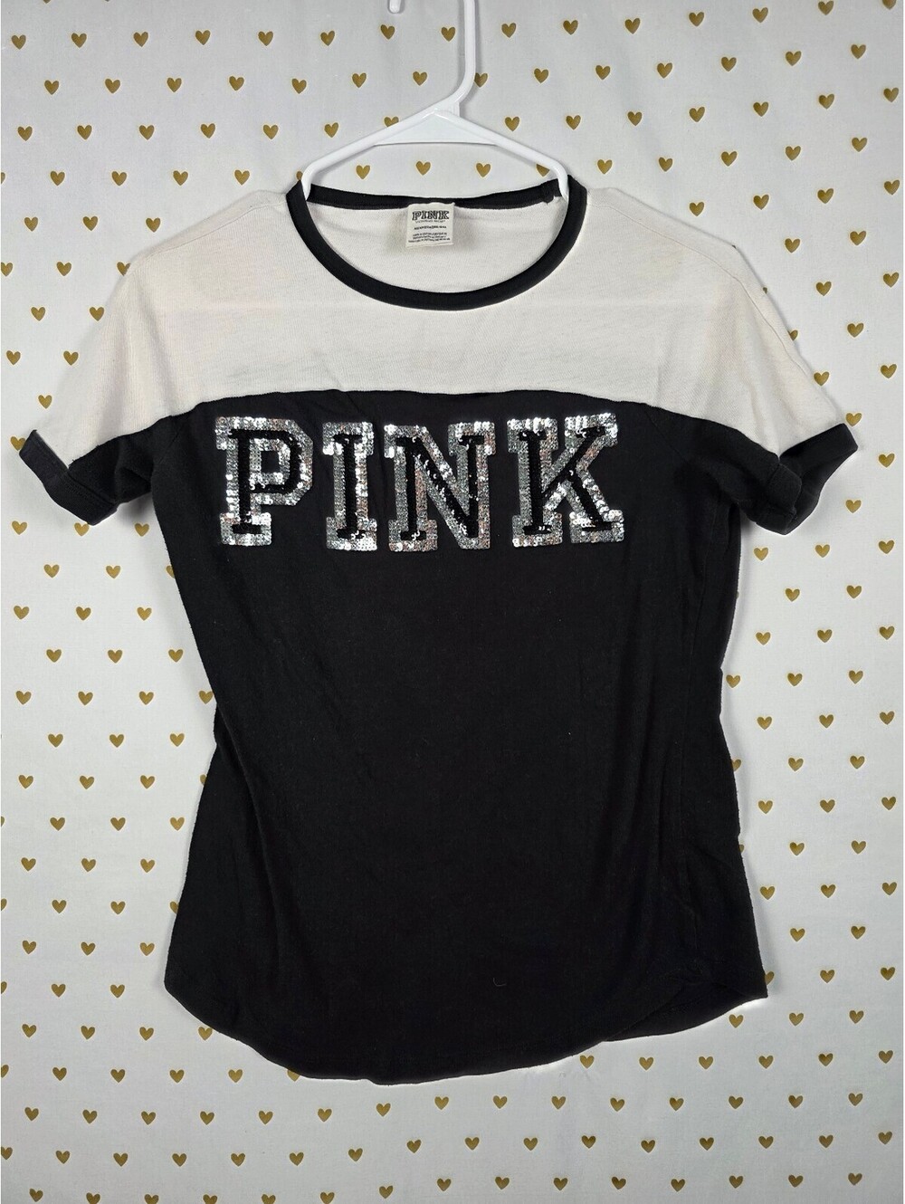 Victorias Secret PINK Black Colorblock BLING Sequined Tee Shirt XS